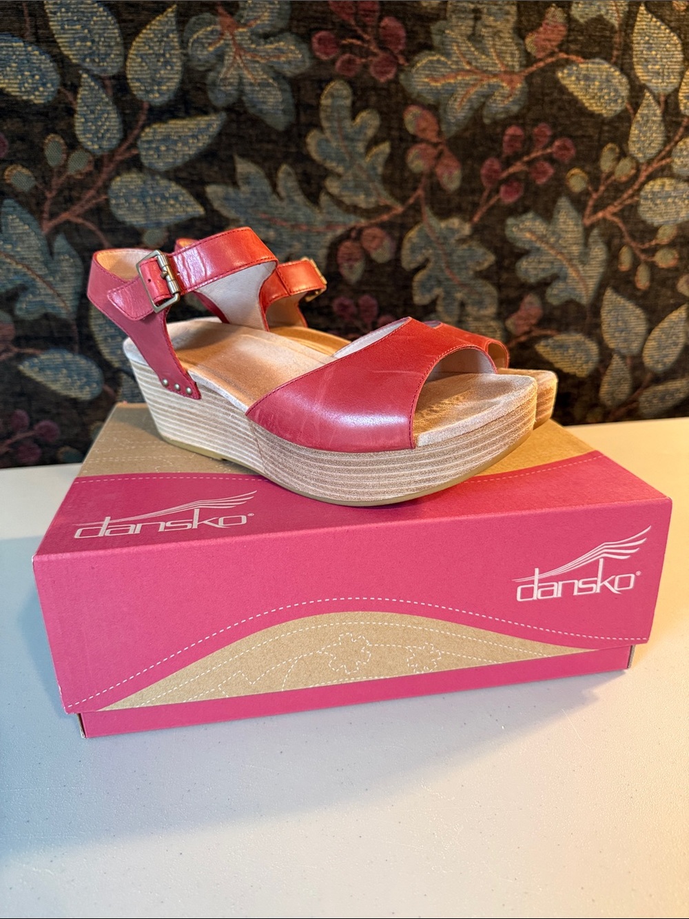 Silvie Burnished Dansko Red Leather Wedge Sandal with Ankle Buckle Size 41